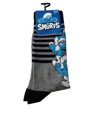 Mens Crew Socks Gray Blue Striped Cartoon Graphic Character One Size New